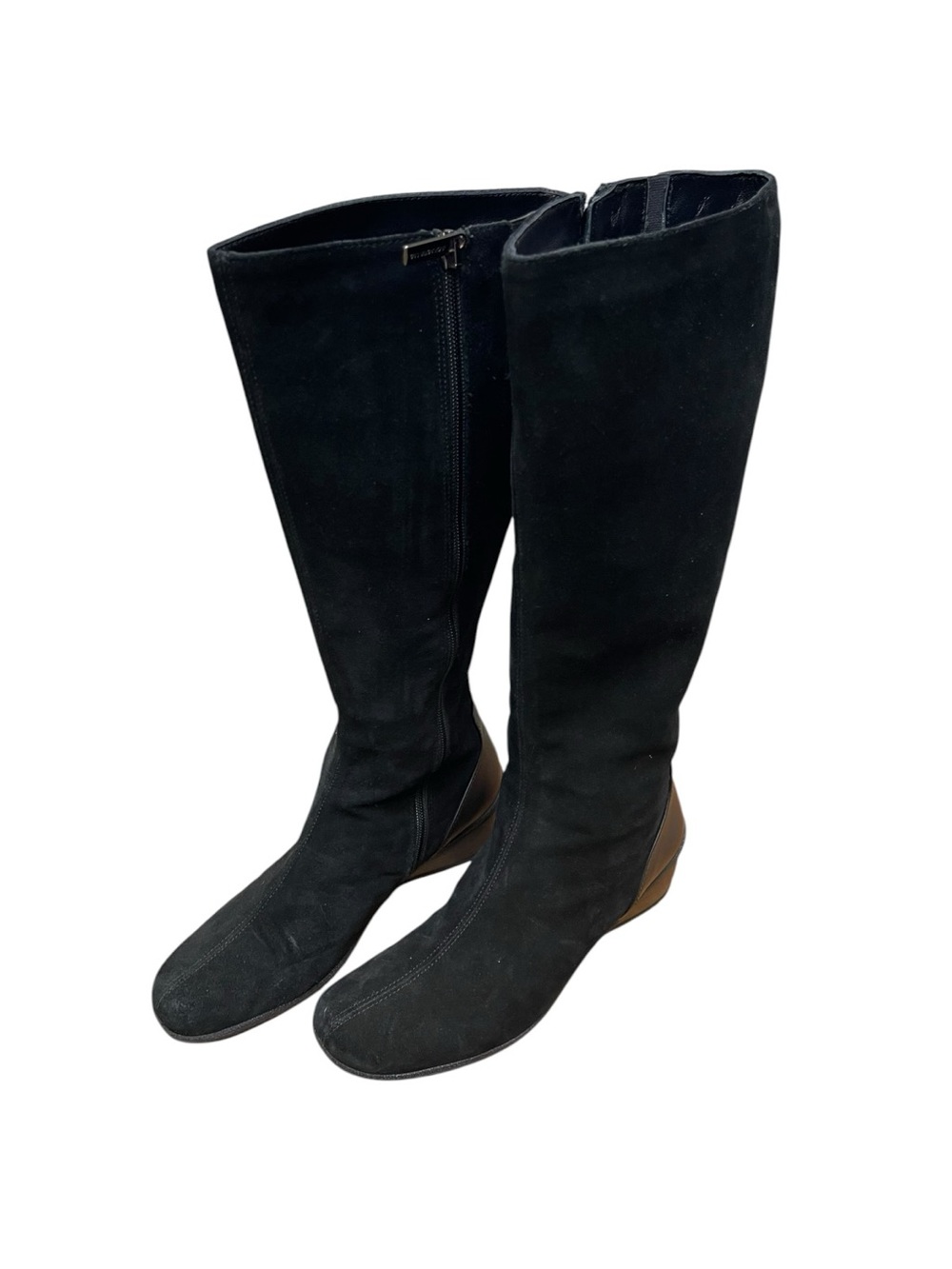 Aquatalia Black Suede Knee High Boots 8.5 Made in Italy Zip Low Heel Designer